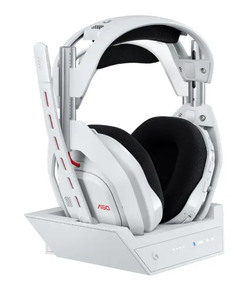 Logitech GAstro A50 Omni-Platform Wireless Gaming Headset + Base Station for PS5, Xbox, PC: PLAYSYNC Audio Switcher, <16 bit/48kHz (Console), <24 bit/48 kHz (PC), 24hr Battery, 2.4GHz & BT - White