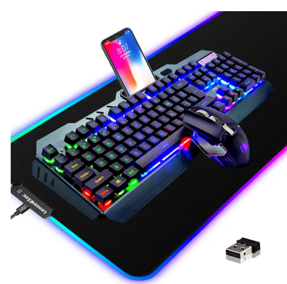 Wireless Gaming Keyboard and Mouse Combo,3 in 1 Rainbow LED Rechargeable Keyboard Mouse with 3800mAh Battery Metal Panel,10 Colors RGB Gaming Mouse Pad (32.5x12x0.15 inch),7 Colors Mute Gaming Mouse