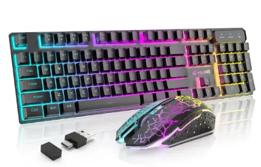 T3 PRO Wireless Keyboard Mouse Combo, USB/Type-C Dual Receiver, Rainbow Backlit 2.4G Rechargeable 4000 Battery Mechanical Feel Gaming Keyboard + 2400DPI 6 Buttons Gaming Mouse + Mouse Pad(Black)